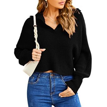 Women's Oversized Ribbed Knit Sweater V-Neck Long Sleeve Fall Top