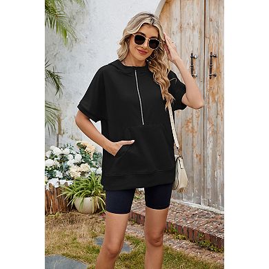Women's Short Sleeve Loose Fit Hooded Zip Up Pocket Sweatshirt