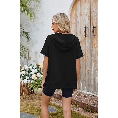 Women's Short Sleeve Loose Fit Hooded Zip Up Pocket Sweatshirt