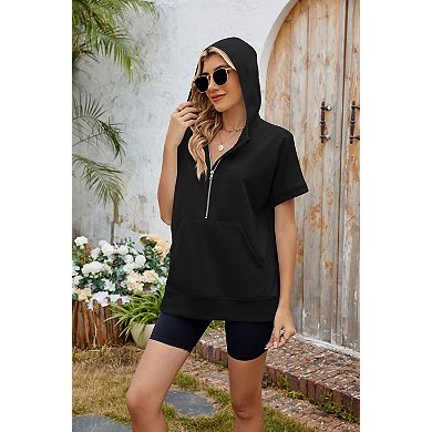 Women's Short Sleeve Loose Fit Hooded Zip Up Pocket Sweatshirt