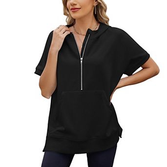 Women's Short Sleeve Loose Fit Hooded Zip Up Pocket Sweatshirt