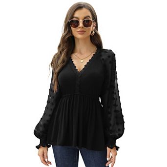 Women's V Neck Lace Trim Long Sleeve Textured Peplum Casual T Shirt