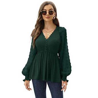 Women's V Neck Lace Trim Long Sleeve Textured Peplum Casual T Shirt