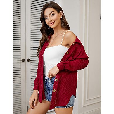 Women's Waffle Knit Cardigans Casual Long Sleeve Front Button Tops With Bust Pockets