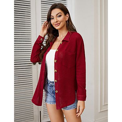 Women's Waffle Knit Cardigans Casual Long Sleeve Front Button Tops With Bust Pockets