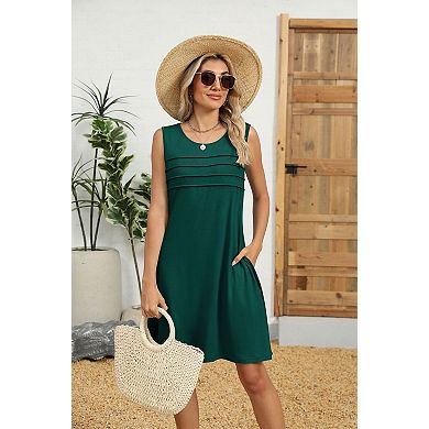 Women's Sleeveless Crew Neck Loose Midi Dress with Side Pockets
