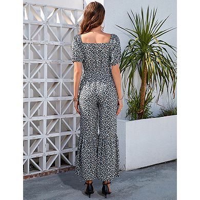 Women's Short Sleeve Square Neck Printed One Piece Wide Leg Jumpsuit