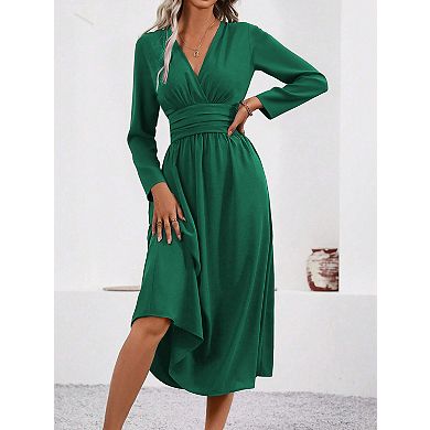 Women's V-Neck Long Sleeve Casual Wear Midi Dress