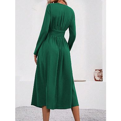 Women's V-Neck Long Sleeve Casual Wear Midi Dress