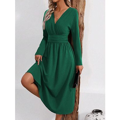Women's V-Neck Long Sleeve Casual Wear Midi Dress