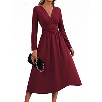 Women's V-Neck Long Sleeve Casual Wear Midi Dress