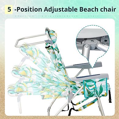Heightened Backpack Beach Chair, 5-Level Adj, Back Storage, Cooler/Side Bags for Beach/Pool/Lawn