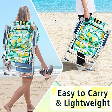 Heightened Backpack Beach Chair, 5-Level Adj, Back Storage, Cooler/Side Bags for Beach/Pool/Lawn