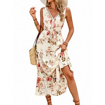 Women's Sleeveless V Neck Midi Dress with Tie Waist