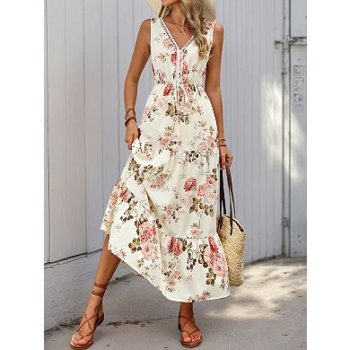 Women's Sleeveless V Neck Midi Dress with Tie Waist