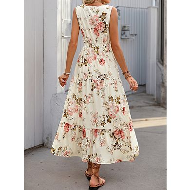 Women's Sleeveless V Neck Midi Dress with Tie Waist