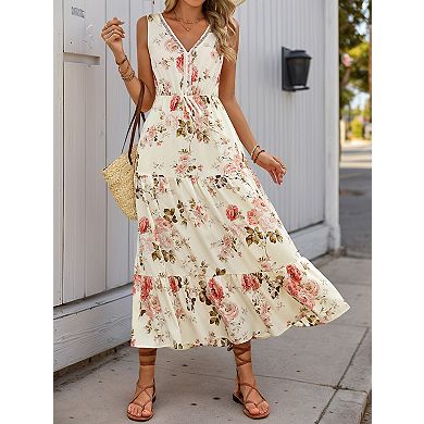 Women's Sleeveless V Neck Midi Dress with Tie Waist