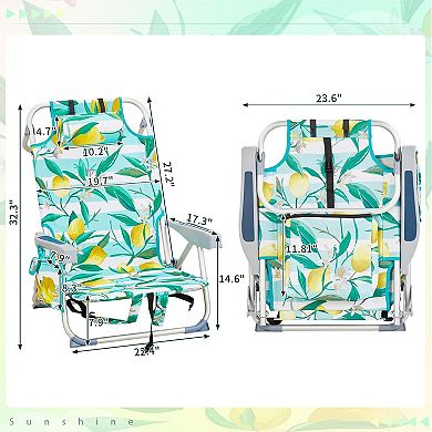 Backpack Beach Chair, 5 Adj Positions, Back Storage, Cooler & Side Bags for Beach/Pool/Lawn