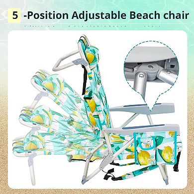 Backpack Beach Chair, 5 Adj Positions, Back Storage, Cooler & Side Bags for Beach/Pool/Lawn