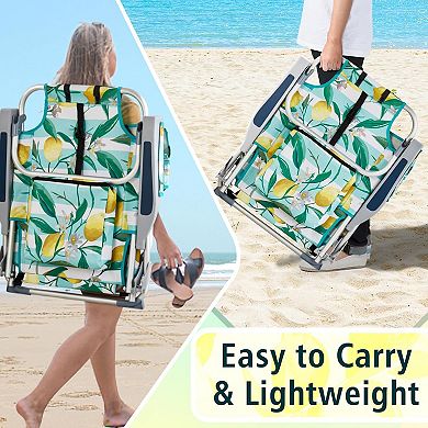 Backpack Beach Chair, 5 Adj Positions, Back Storage, Cooler & Side Bags for Beach/Pool/Lawn