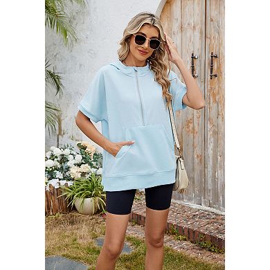 Women's Hooded Short Sleeve Zip Up Pocket Thin Sweatshirt Loose Fit Top