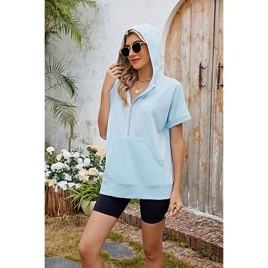 Women's Hooded Short Sleeve Zip Up Pocket Thin Sweatshirt Loose Fit Top