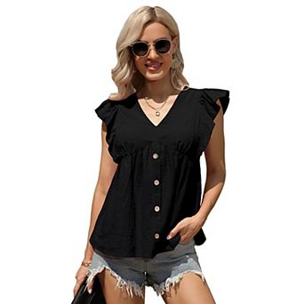 Women's V Neck Ruffle Cap Sleeve Button Front Casual T Shirt
