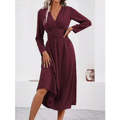 Women's V Neck Long Sleeve Casual Wear Midi Dress