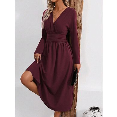 Women's V Neck Long Sleeve Casual Wear Midi Dress