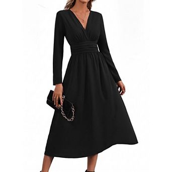 Women's V Neck Long Sleeve Casual Wear Midi Dress