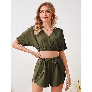 Women's V Neck Short Sleeves Top and Shorts Set 2 Piece Outfit