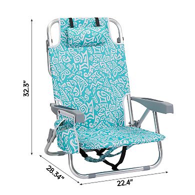 Foldable Beach Chair, 5-Position Reclining Lounge Chair with Side Pocket, Back Cooler Bag