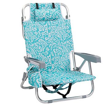 Foldable Beach Chair, 5-Position Reclining Lounge Chair with Side Pocket, Back Cooler Bag