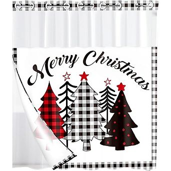 Christmas Shower Curtain with Snap-In Liner, Buffalo Plaid Fabric, Double-Layer Design