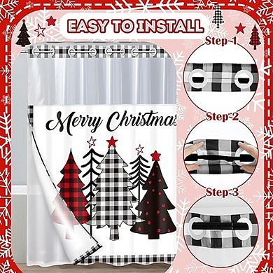 Christmas Shower Curtain with Snap-In Liner, Buffalo Plaid Fabric, Double-Layer Design