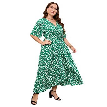 Women's Plus Size Wrap Midi Dress V Neck Short Sleeve Waist Tie Ruffle Hem A-Line Casual Dress