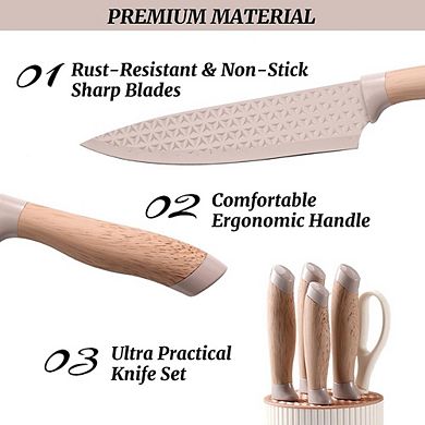 6-Piece Chef Knife Set with Knife Block Anti-Rust Stainless Steel Kitchen Knives