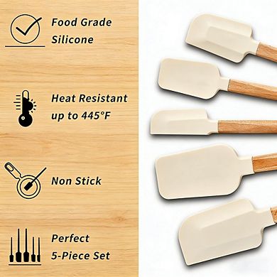 Silicone Spatula Set, Wooden Handle, Heat-Resistant, Nonstick