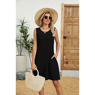 Women's Sleeveless Crew Neck Loose Midi Dress with Side Pockets