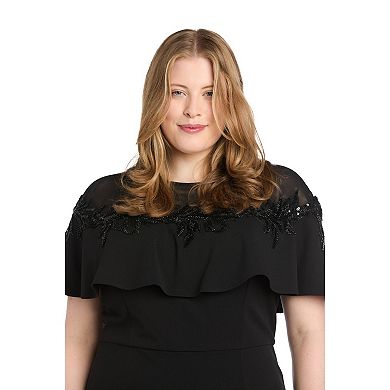 Plus Size Size R&M Richards Beaded Illusion Capelet Front Slit Evening Gown