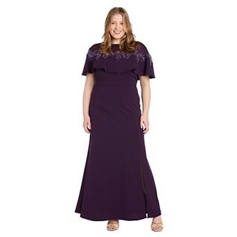 Plus Size Size R&M Richards Beaded Illusion Capelet Front Slit Evening Gown