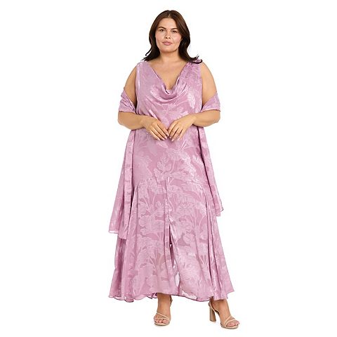 Женские платья R&M Plus Size R&M Richards Floral Clip Jacquard Cowlneck Dress & Scarf Set