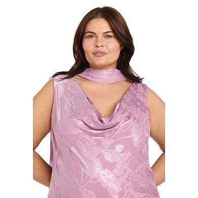 Plus Size R&M Richards Floral Clip Jacquard Cowlneck Dress & Scarf Set