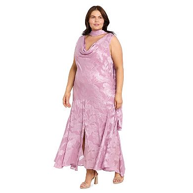 Plus Size R&M Richards Floral Clip Jacquard Cowlneck Dress & Scarf Set