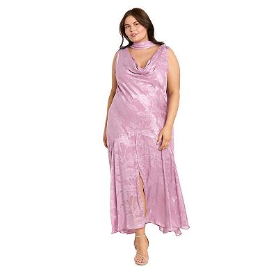 Plus Size R&M Richards Floral Clip Jacquard Cowlneck Dress & Scarf Set
