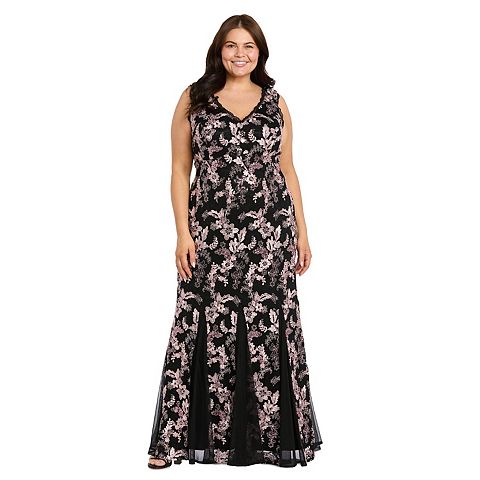 Женские платья R&M Plus Size R&M Richards Corded Lace Sequin V-Neck Evening Gown
