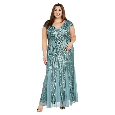 Женские платья R&M Plus Size R&M Richards Embellished Sequin Mesh Godet Evening Gown