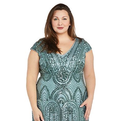 Plus Size R&M Richards Embellished Sequin Mesh Godet Evening Gown