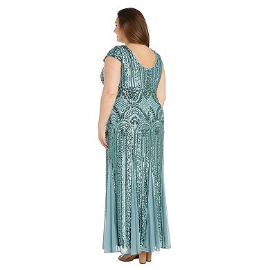 Plus Size R&M Richards Embellished Sequin Mesh Godet Evening Gown