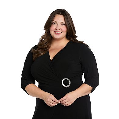 Plus Size R&M Richards Mock-Wrap Midi Dress with O-Ring Detail